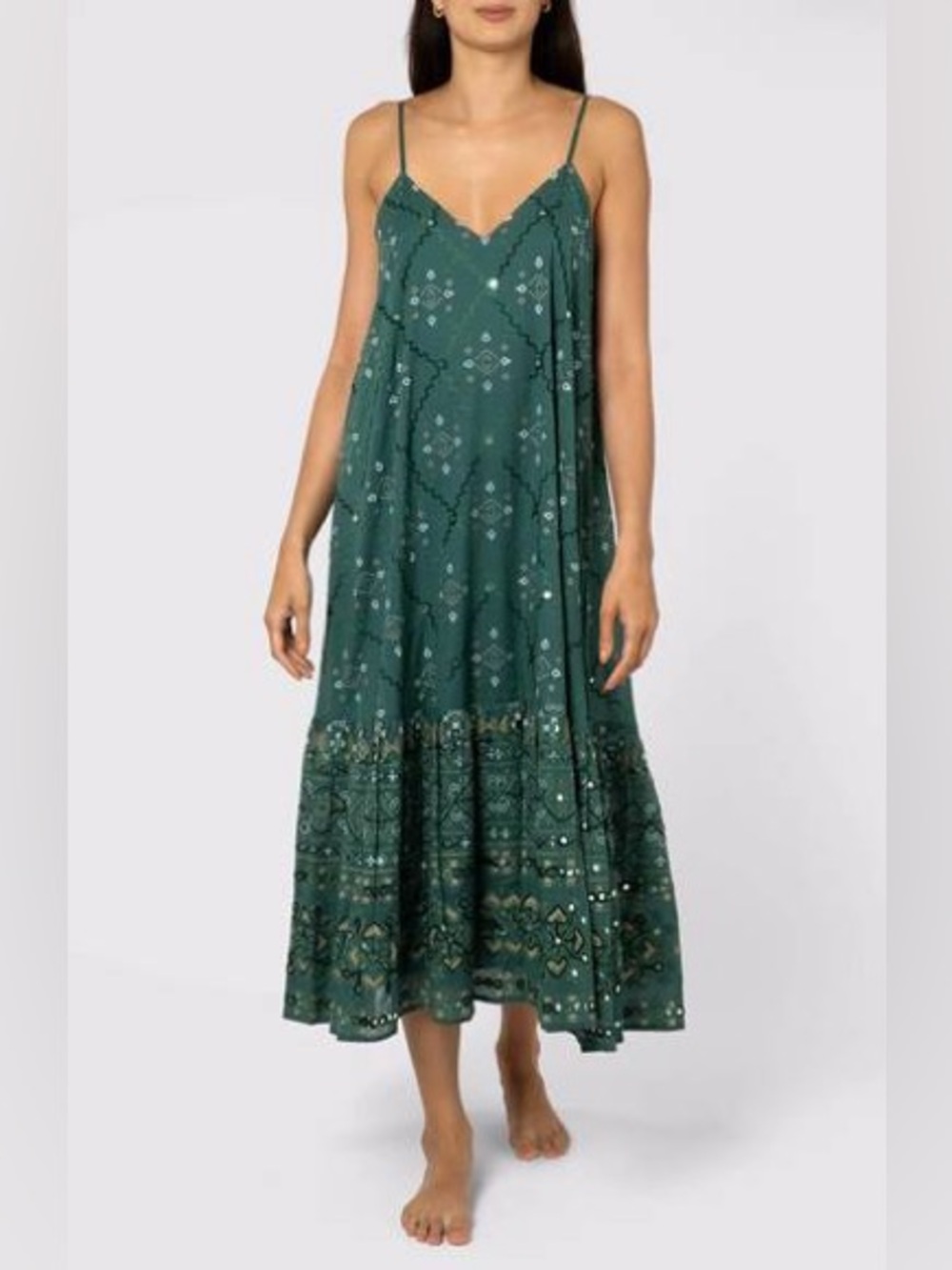 Juliet Dunn Green Mosaic Printed Cotton Slip Dress Block Resortwear Midi NWT S
